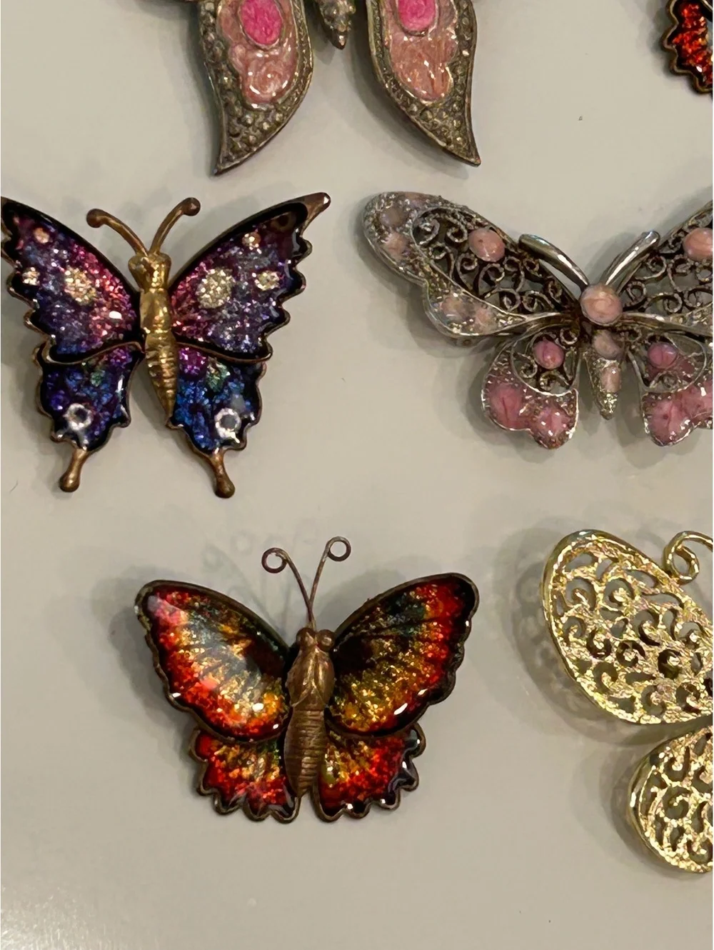 Vintage Butterfly Brooch Pin Lot 6 Pins 1 Hair Clip Enamel Filigree Rhinestone